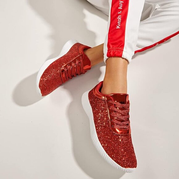 LUCKY STEP Women Red Shoes Sparkly Lightweight Metallic Sequins Tennis Shoes - Picture 8 of 9